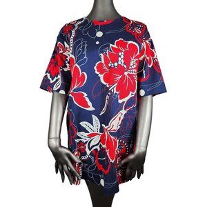 Marlene Birger Floral Red Blue White Shortsleeve Tunic Top Blouse 4 34